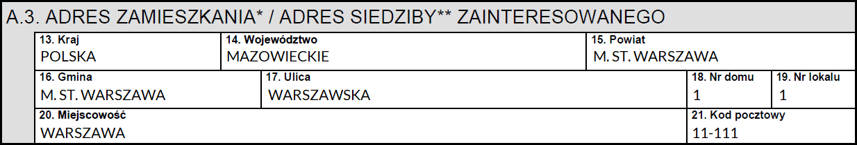 Adres zamieszkania / Adres siedziby zainteresowanego