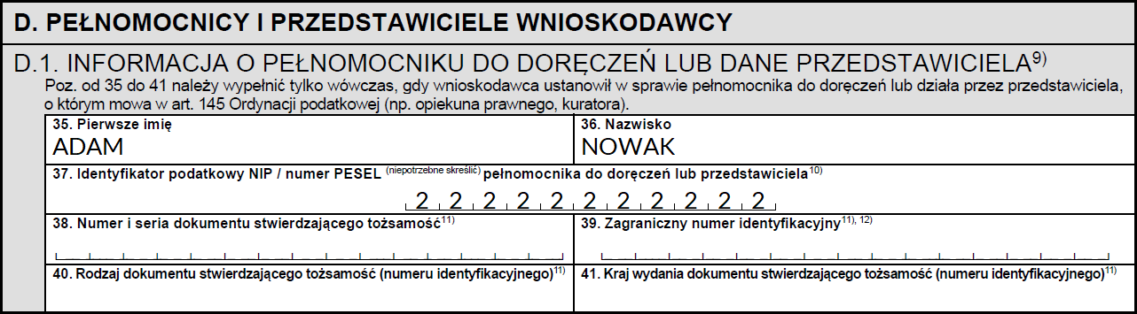 Informacja o pełnomocniku do doręczeń lub dane przedstawiciela