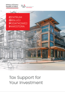 Booklet cover. Visible logos of the Ministry of Finance of the Republic of Poland, the National Revenue Administration and the Investor's Tax Service Centre. Title: "Tax Support for Your Investment"