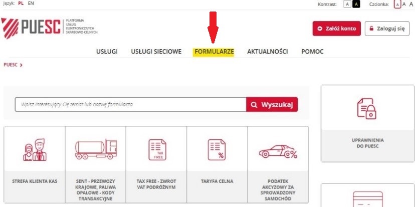 fragment ekranu systemu PESC z zaznaczonym na żółto, z czerwoną strzałką wskazującą na tekst: FORMULARZE