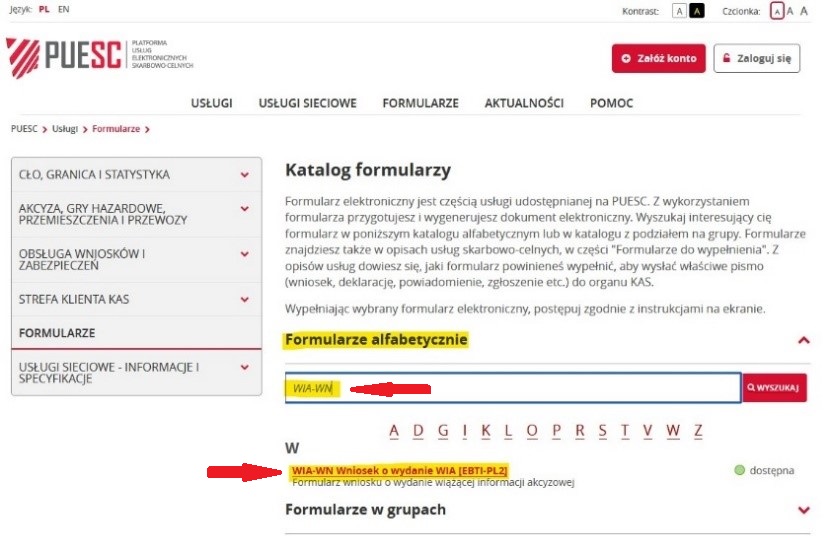 fragment ekranu systemu PUESC przedstawiający, jak wybierać formularze z listy z czerwonymi strzałkami wskazującymi na tekst WIA-WN oraz WIA-WN Wniosek o wydanie WIA [EBTI-PL2]