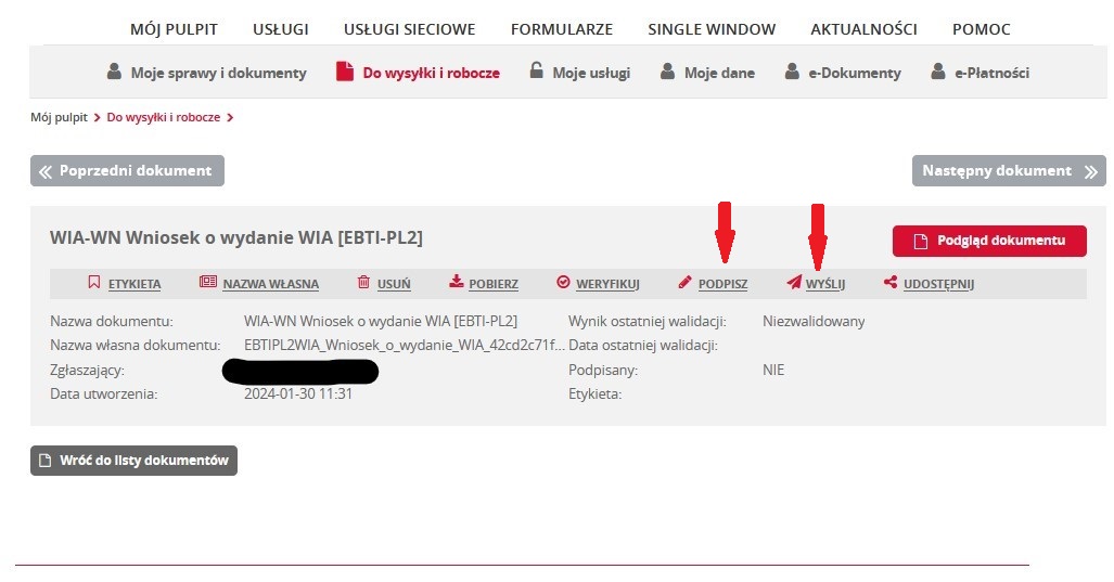 fragment ekranu systemu PUESC z czerwonymi strzałkami wskazującymi na tekst: „Podpisz” oraz „Wyślij”