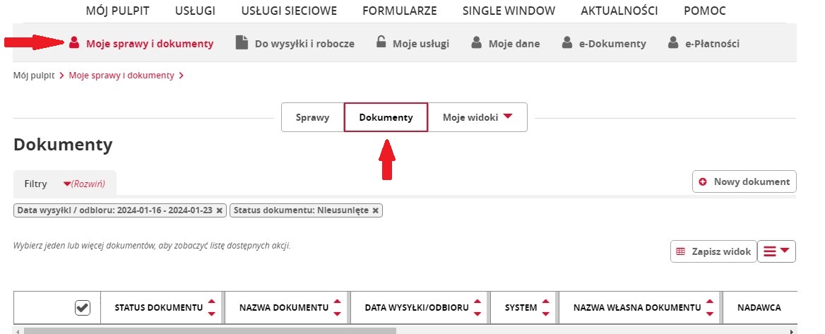 fragment ekranu systemu PUESC z czerwonymi strzałkami wskazującymi na tekst: „Moje sprawy i dokumenty” oraz „Dokumenty”