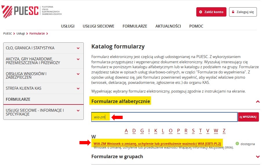 fragment ekranu systemu PUESC przedstawiający, jak wybierać formularze z listy z czerwonymi strzałkami wskazującymi na tekst WIA-ZM oraz WIA-ZM Wniosek o zmianę, uchylenie lub przedłużenie ważności WIA [EBTI-PL2].