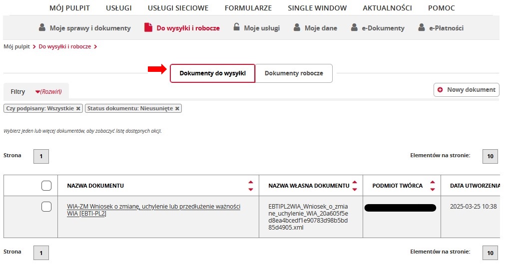 fragment ekranu systemu PUESC z czerwoną strzałką wskazującymi na tekst: „Dokumenty do wysyłki”.