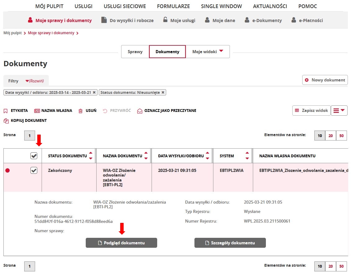 fragment ekranu systemu PUESC z czerwonymi strzałkami wskazującymi na symbol: „☑” oraz tekst: „Podgląd dokumentu”.