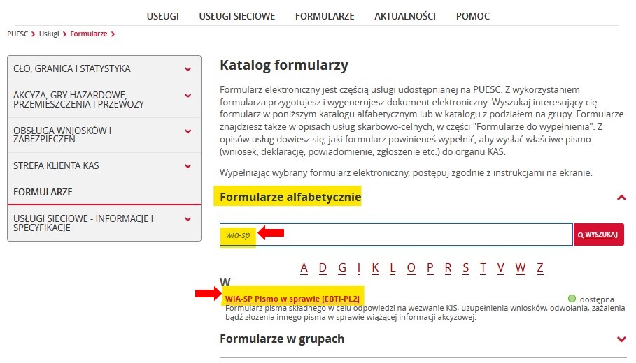 fragment ekranu systemu PUESC przedstawiający, jak wybierać formularze z listy z czerwonymi strzałkami wskazującymi na tekst WIA-SP oraz WIA-SP Pismo w sprawie [EBTI-PL2].