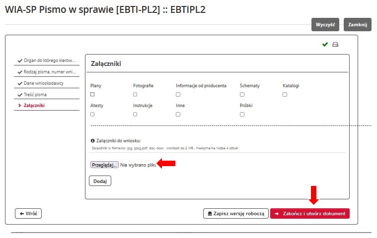 fragment ekranu systemu PUESC z czerwonymi strzałkami wskazującymi tekst: ”Przeglądaj…” oraz „Zakończ i utwórz dokument”.