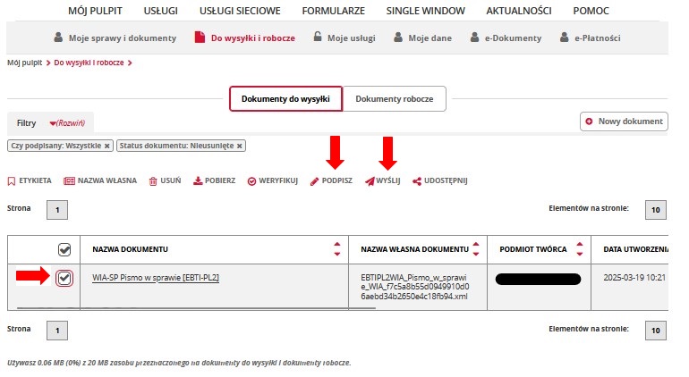 fragment ekranu systemu PUESC z czerwonymi strzałkami wskazującymi na tekst: „Podpisz” oraz „Wyślij” oraz symbol „☑”.