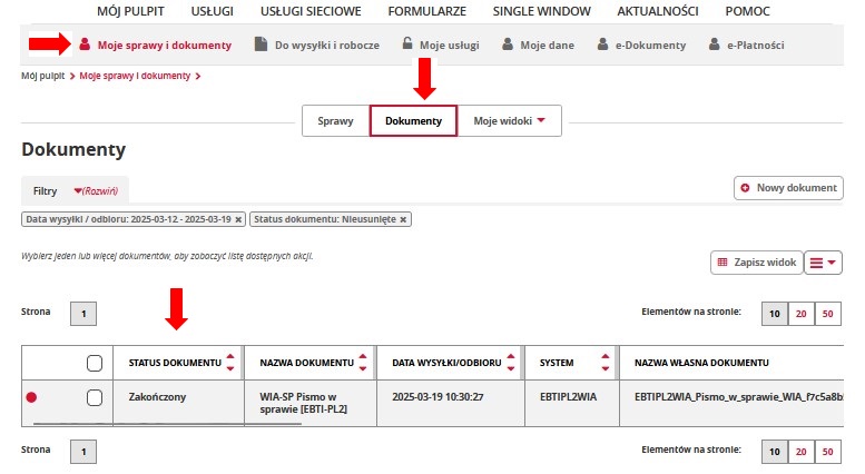 fragment ekranu systemu PUESC z czerwonymi strzałkami wskazującymi na tekst: „Moje sprawy i dokumenty”, „Dokumenty” oraz „Status dokumentu”.