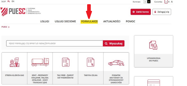 fragment ekranu systemu PUESC z zaznaczonym na żółto słowem, z czerwoną strzałką wskazującą na tekst: FORMULARZE,