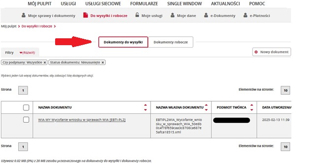 fragment ekranu systemu PUESC z czerwoną strzałką wskazującą tekst: ”Dokumenty do wysyłki”.
