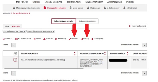 fragment ekranu systemu PUESC z czerwonymi strzałkami wskazującymi na tekst: „Podpisz” i „Wyślij”.