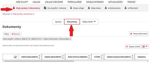 fragment ekranu systemu PUESC z czerwonymi strzałkami wskazującymi na tekst: „Moje sprawy i dokumenty” oraz „Dokumenty”.
