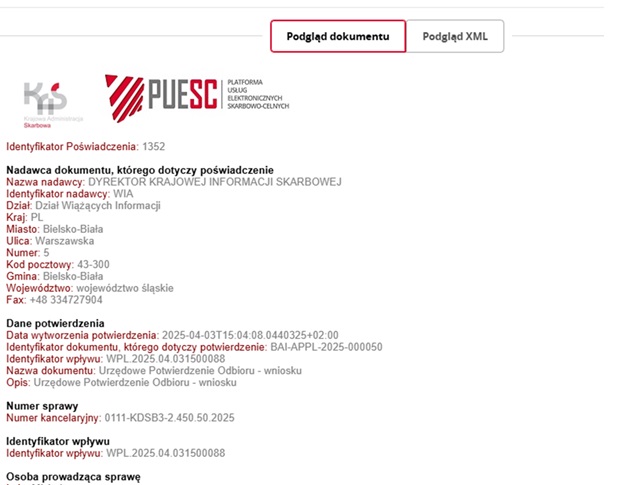 fragment ekranu systemu PUESC przedstawiający podgląd dokumentu.