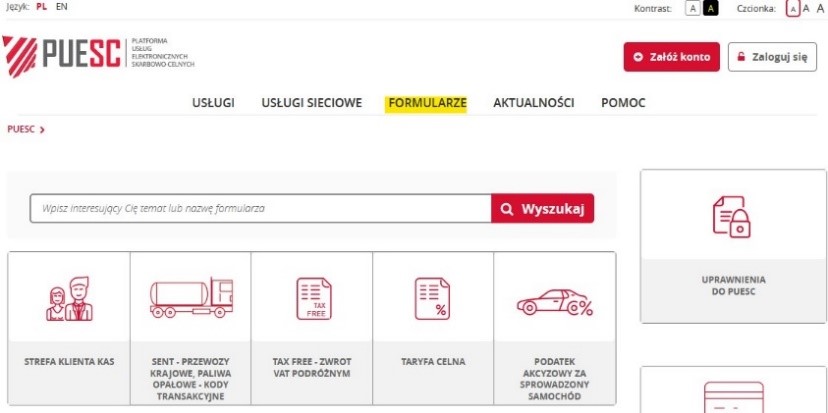 fragment ekranu systemu PUESC z zaznaczonym na żółto, z czerwoną strzałką wskazującą na tekst: FORMULARZE