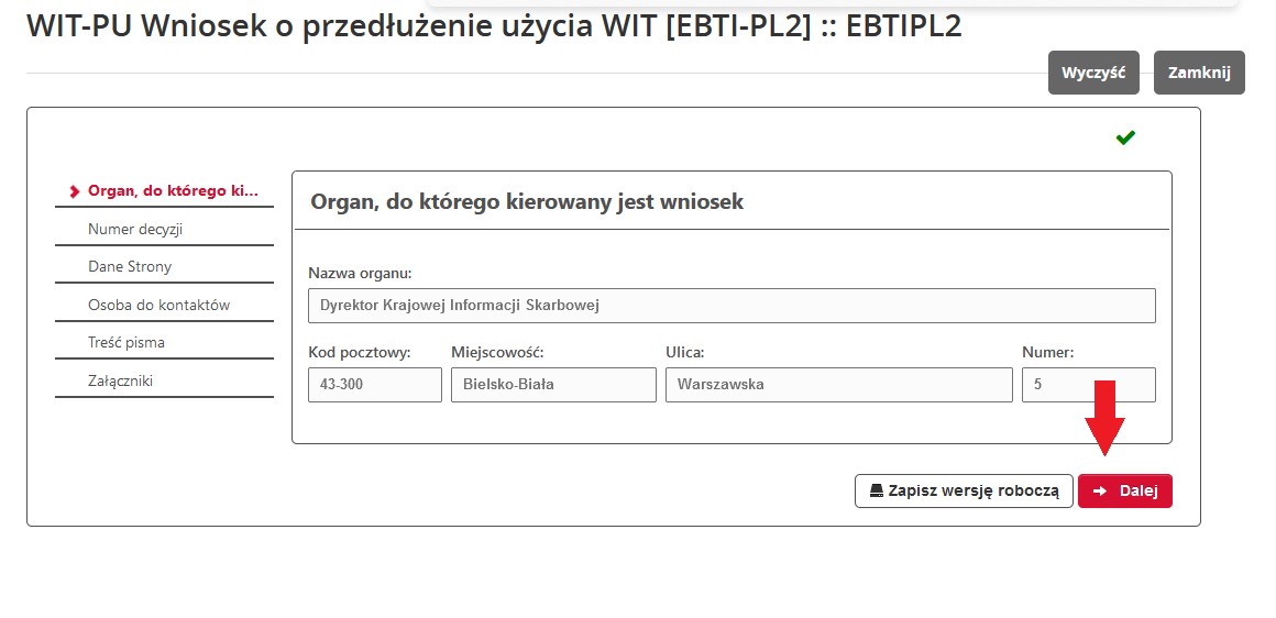 fragment ekranu systemu PUESC z czerwoną strzałką wskazującą na tekst: „Dalej”