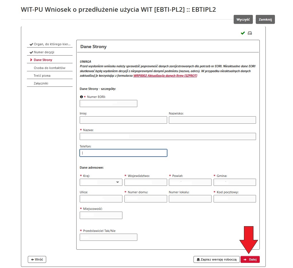 fragment ekranu systemu PUESC z czerwoną strzałką wskazującą na tekst: „Dalej”