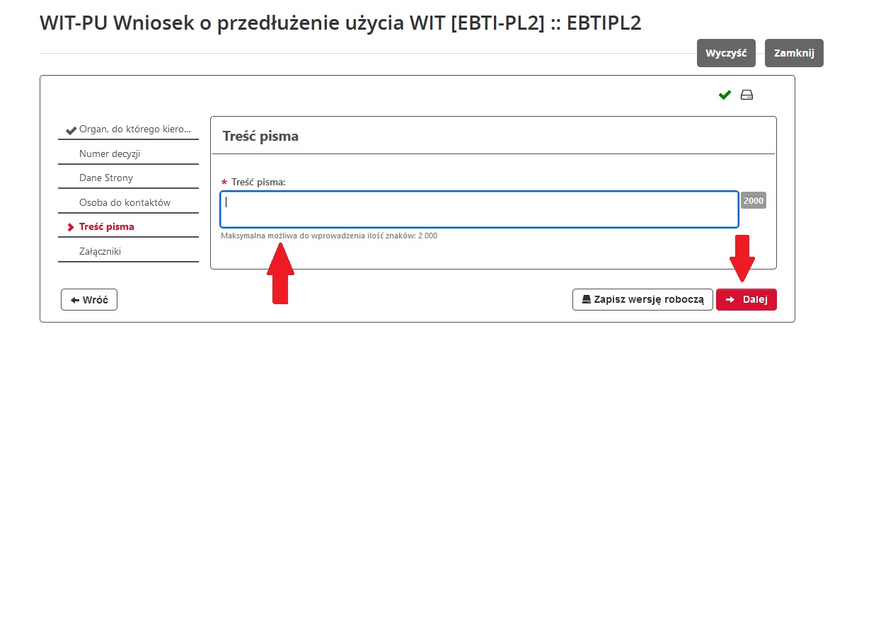 fragment ekranu systemu PUESC z czerwonymi strzałkami wskazującymi na tekst: „Treść pisma” oraz „Dalej”
