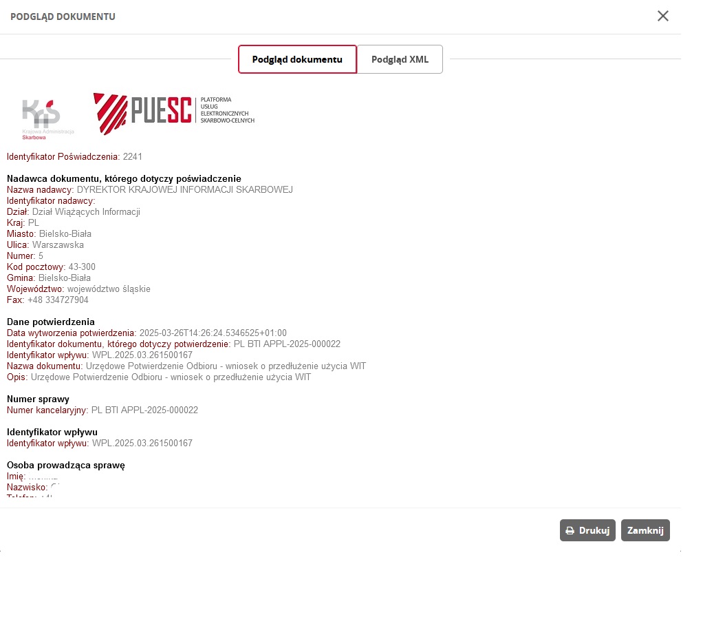 fragment ekranu systemu PUESC przedstawiający podgląd dokumentu