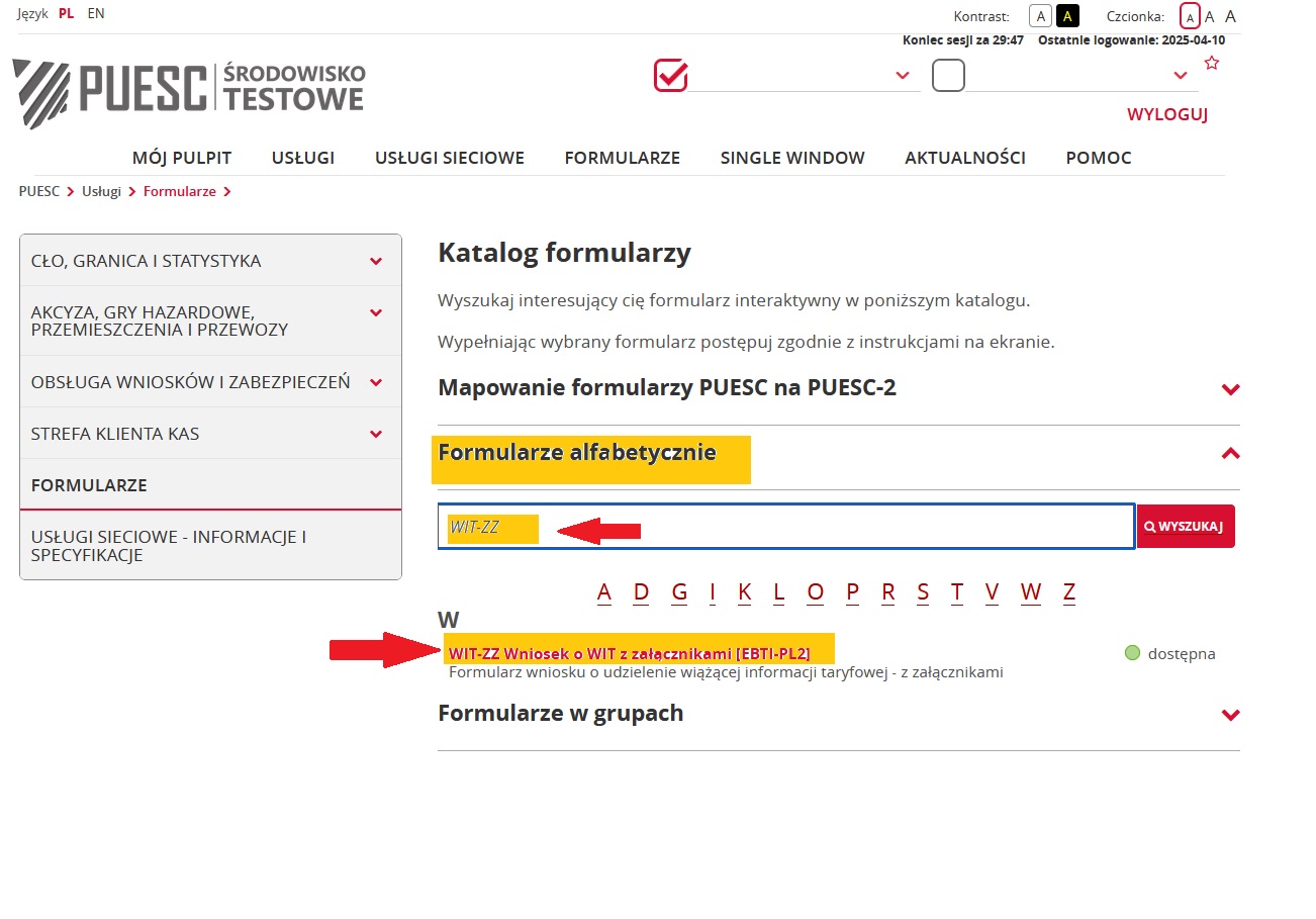 fragment ekranu systemu PUESC przedstawiający, jak wybierać formularze z listy z czerwonymi strzałkami wskazującymi na tekst WIT-ZZ oraz WIT-ZZ Wniosek o WIT z załącznikami [EBTI-PL2].