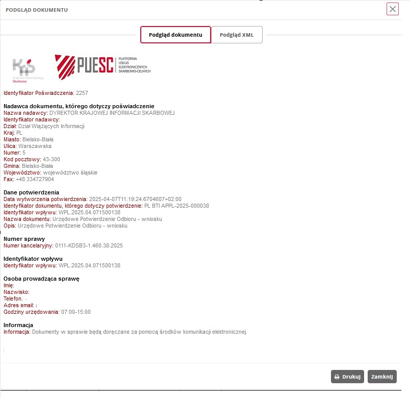 fragment ekranu systemu PUESC przedstawiający podgląd dokumentu.