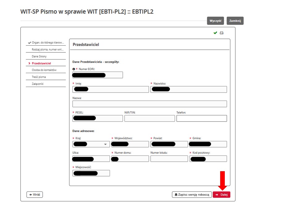 fragment ekranu systemu PUESC z czerwoną strzałką wskazującą na pole: „Dalej”.