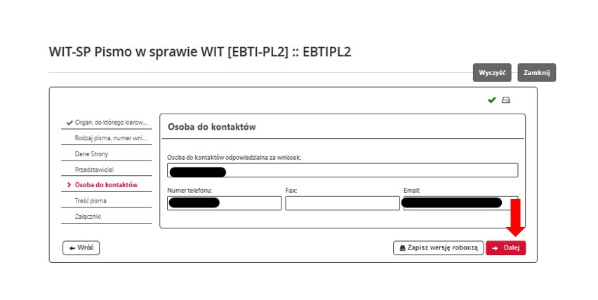 fragment ekranu systemu PUESC z czerwoną strzałką wskazującą na pole: „Dalej”.