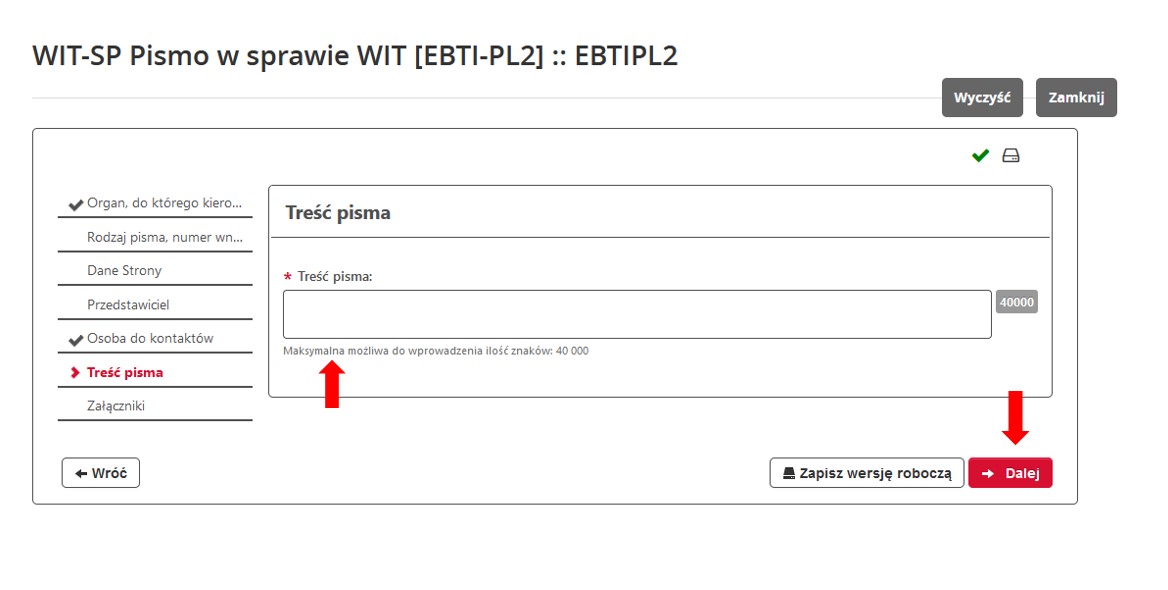 fragment ekranu systemu PUESC z czerwonymi strzałkami wskazującymi pole, w którym należy wpisać „Treść pisma” oraz „Dalej”.