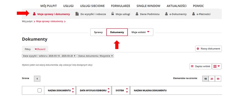 fragment ekranu systemu PUESC z czerwonymi strzałkami wskazującymi na tekst: „Moje sprawy i dokumenty” oraz „Dokumenty”.
