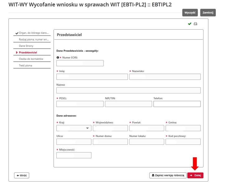 fragment ekranu systemu PUESC z czerwoną strzałką wskazującą na tekst: „Dalej”.