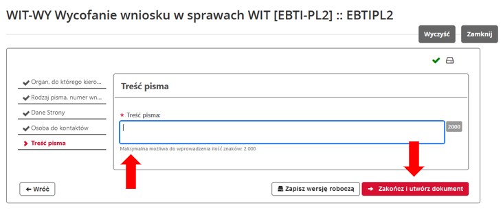 fragment ekranu systemu PUESC z czerwonymi strzałkami wskazującymi pole, w którym należy wpisać „Treść pisma” oraz „Zakończ i utwórz dokument”.
