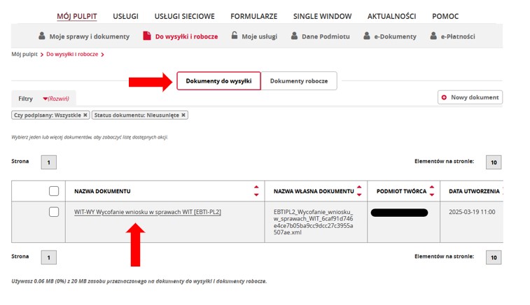 fragment ekranu systemu PUESC z czerwonymi strzałkami wskazującymi na tekst: „Dokumenty do wysyłki” oraz na pole z załączonym dokumentem.