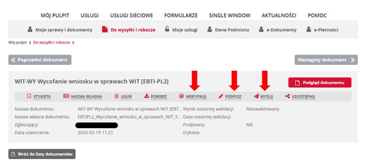 fragment ekranu systemu PUESC z czerwonymi strzałkami wskazującymi na tekst: „Weryfikuj”, „Podpisz” oraz „Wyślij”.