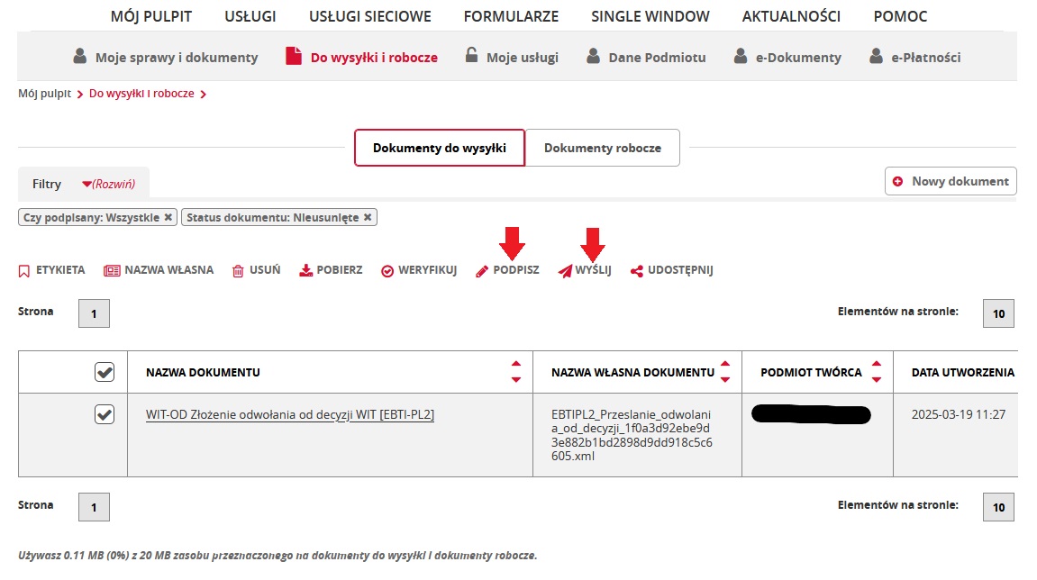 fragment ekranu systemu PUESC z czerwonymi strzałkami wskazującymi na tekst: „Podpisz” i „Wyślij”.