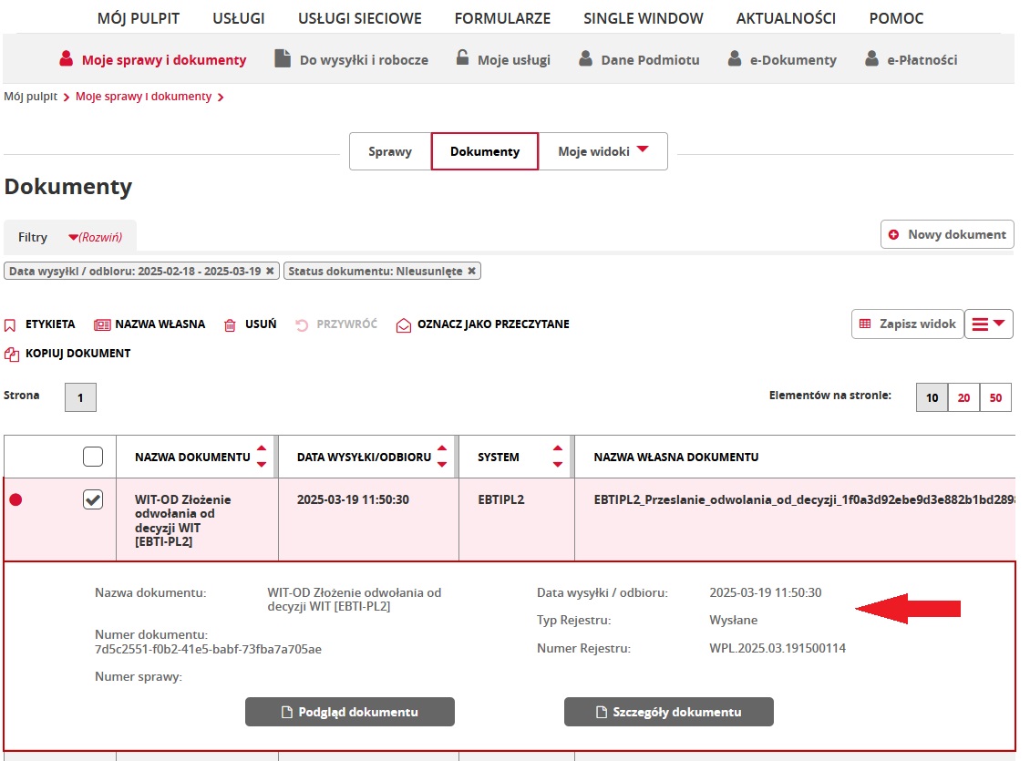 fragment ekranu systemu PUESC przedstawiający wysłany dokument.