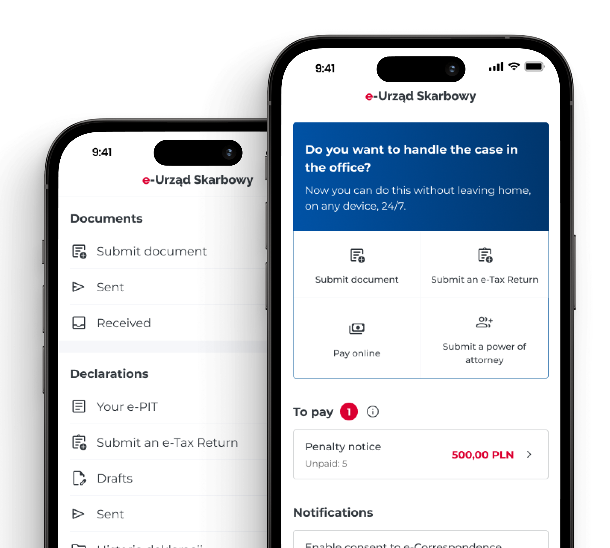 Two mobile phones showing the e-US mobile application screens