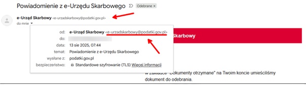 Zrzut ekranu prawdziwej wiadomości e-Urzędu Skarbowego z adresem e-mail @podatki.gov.pl
